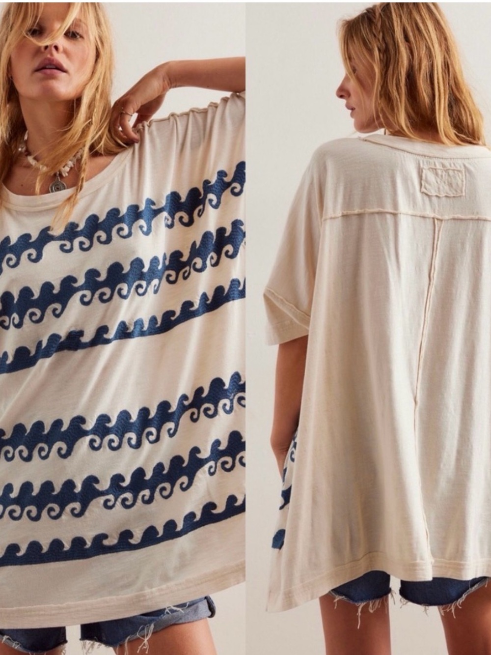 NWT Free People We The Free Chill Vibes Tee, Blue Wave Embroidery Oversized Sz M